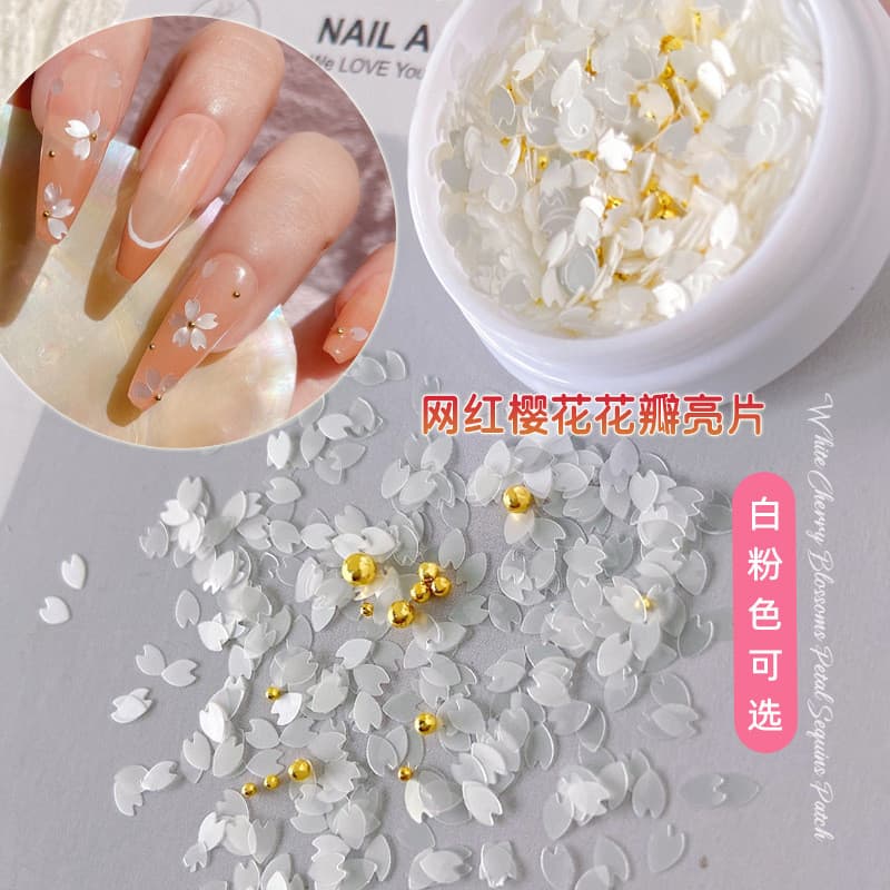 Influenciador Manicure flor de cerejeira pétala lantejoulas jóias branco rosa All-Match bola de aço misturada prego pola
