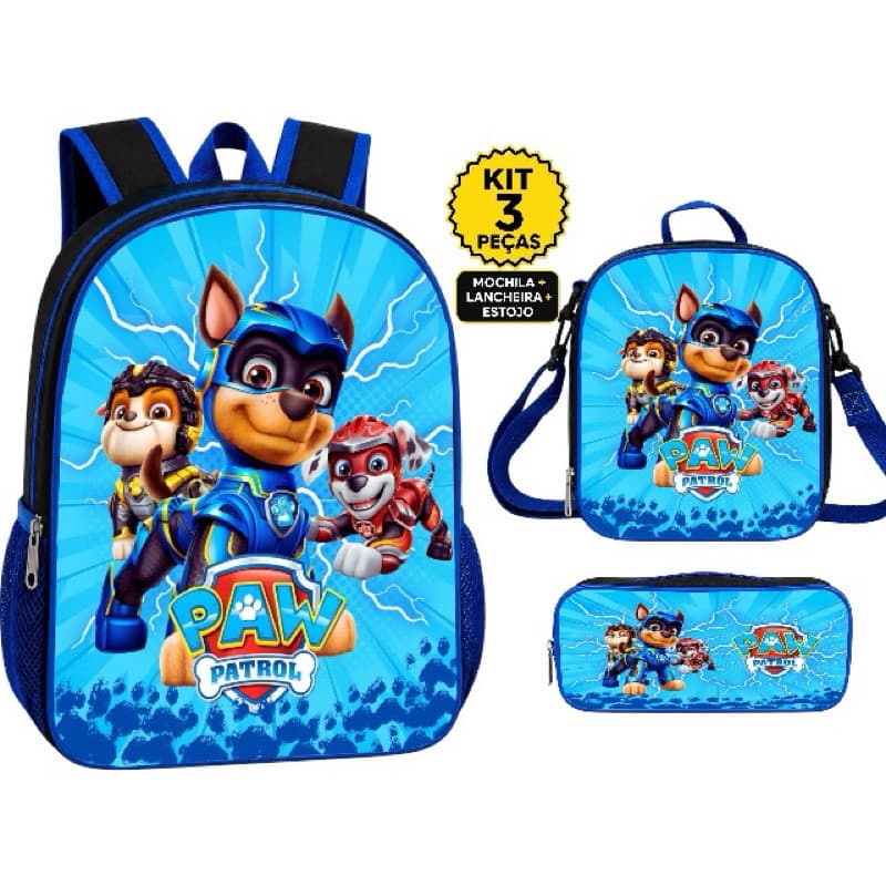 Kit Escolar Mochila Patrulha Canina Menino Mochila Forro Interno + Lancheira Térmica + Estojo - Resistente