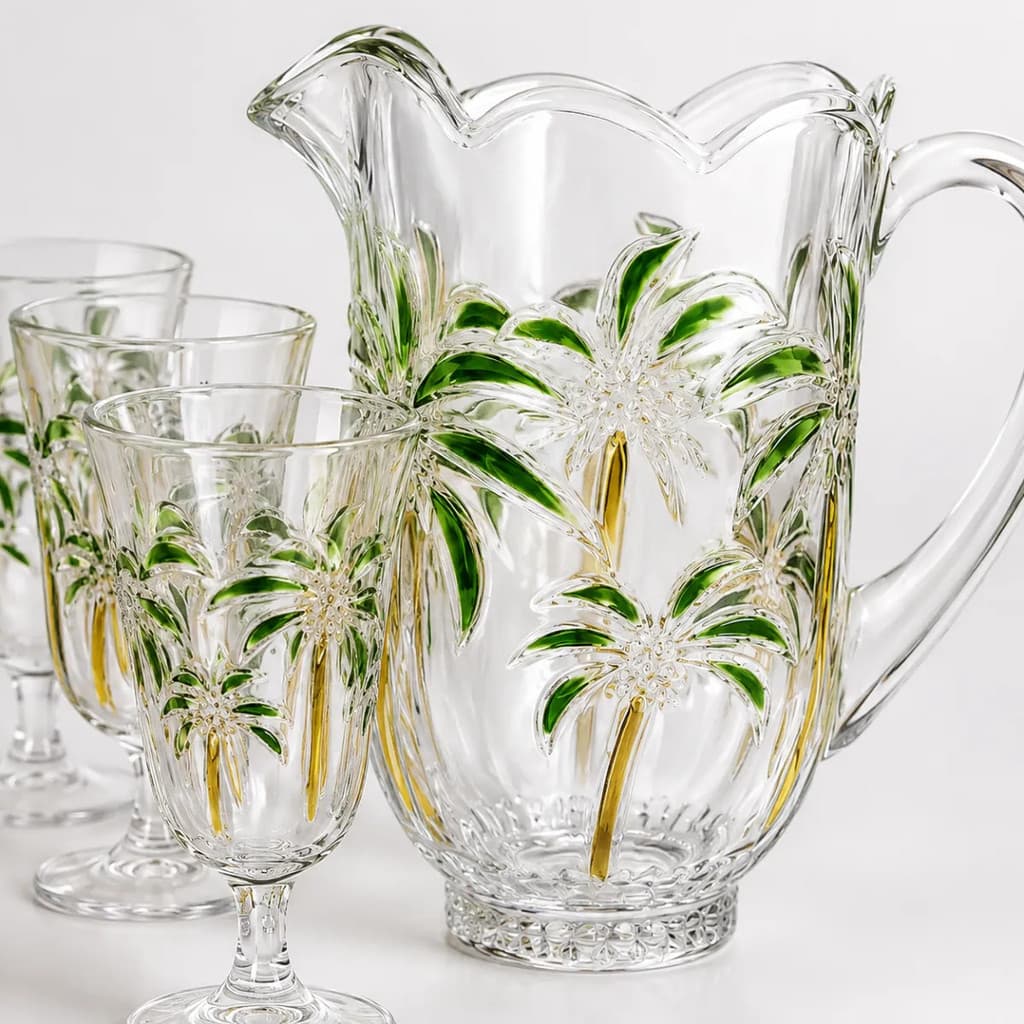 Conjunto 6 Taças com Jarra de Vidro 1,5L Decorada transparente para suco água drinks jarra com alça