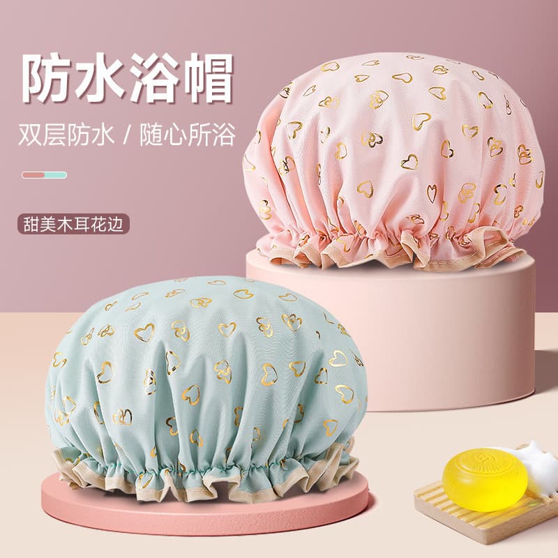Touca de banho de camada dupla, touca de cabelo à prova d'água, dourada, estampada, poliéster, algodão, PEVA, banho, ban