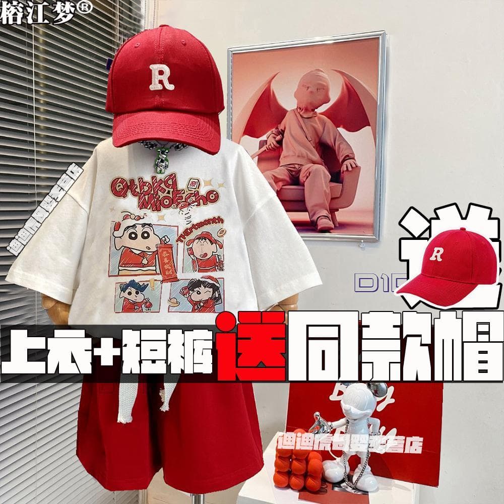 Crianças terno de algodão puro Crayon Shin-Chan Gong Xi Fa Cai impresso topo Casual Shorts de manga curta solto dos dese