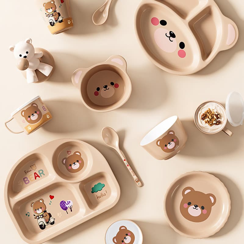 Urso criativo dos desenhos animados talheres infantis prato de jantar compartimentado mãe infantil bebê tigela de arroz