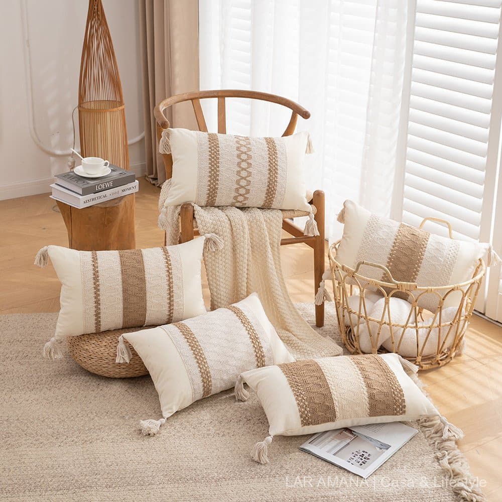 Almofada decorativa de algodão e linho com borlas bordadas em estilo boêmio, almofada lombar, capa de almofada multicolo