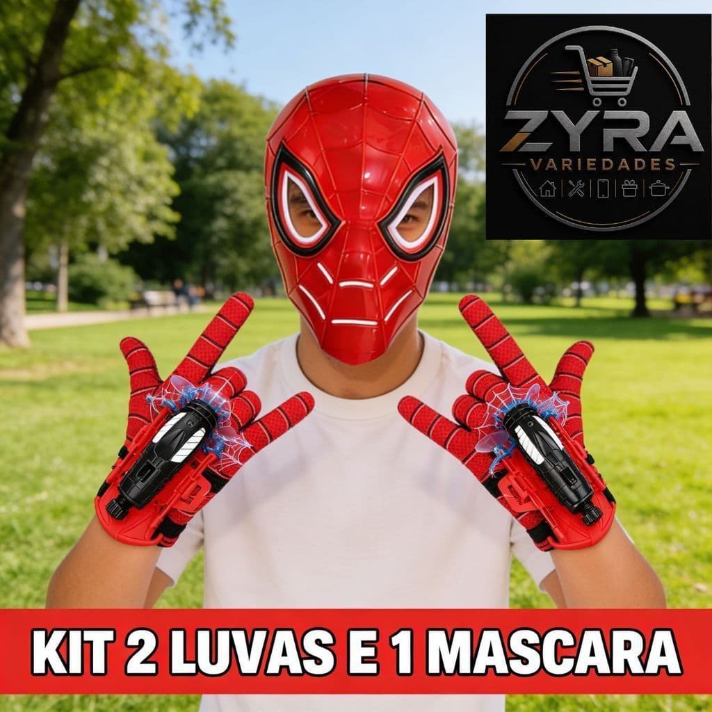 Kit 2 Luvas Aranha lança teias + 1 Mascara Aranha Vermelha Herói Spider