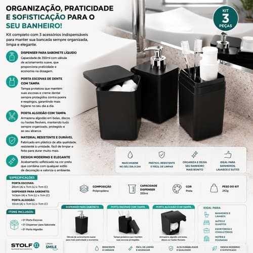 Kit Organizador para Banheiro – Dispenser Sabonete Líquido, Porta Escovas e Porta Algodão