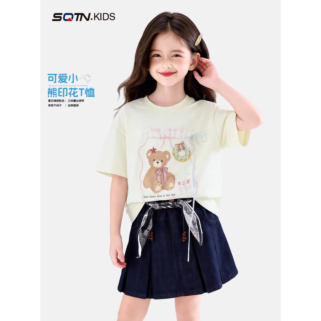 Meninas de manga curta camiseta estilo verão 2026 novo estilo roupas infantis grandes crianças casuais meia manga menina