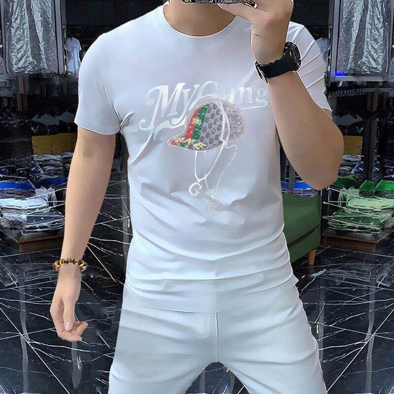 Masculino masculino em torno do pescoço de manga curta camiseta verão novo estilo rufião bonito puro algodão meia manga