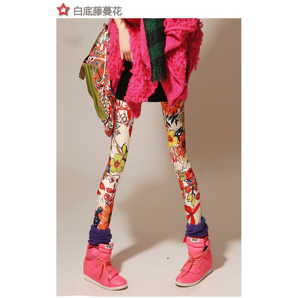 Outono inverno forro de lã Leggings calças femininas não-Mainstream Graffiti foto parede rosa flor impressão calças magr
