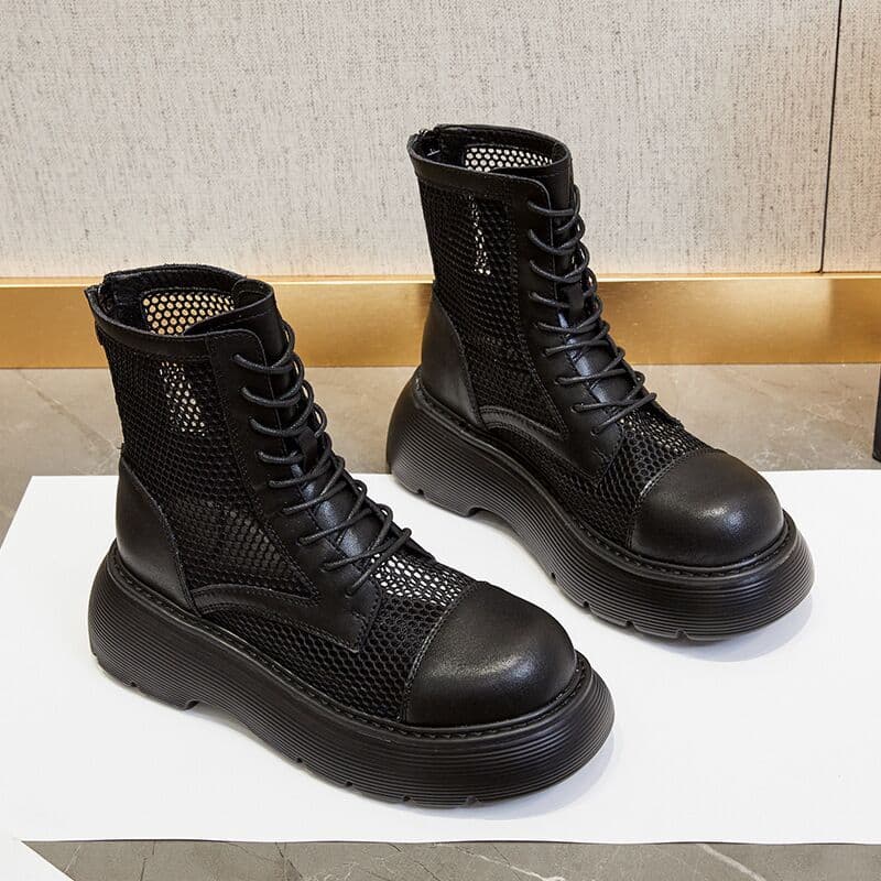 Botas Martin femininas de verão oco estilo fino respirável botas de malha de sola grossa novas botas curtas com cadarço