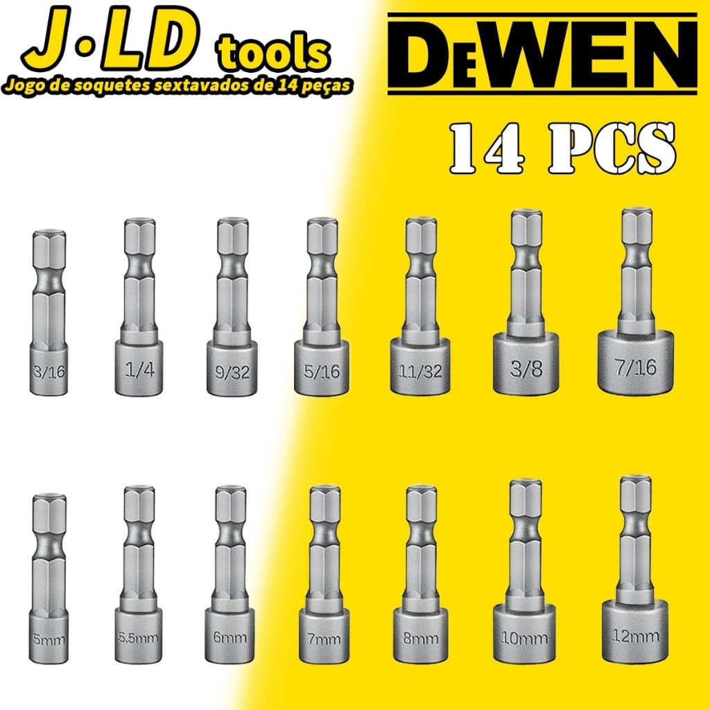 Jogo de soquetes sextavados de 14 peças, jogo de soquetes para chave de fenda, 5 a 12 mm, jogo de bits sextavados