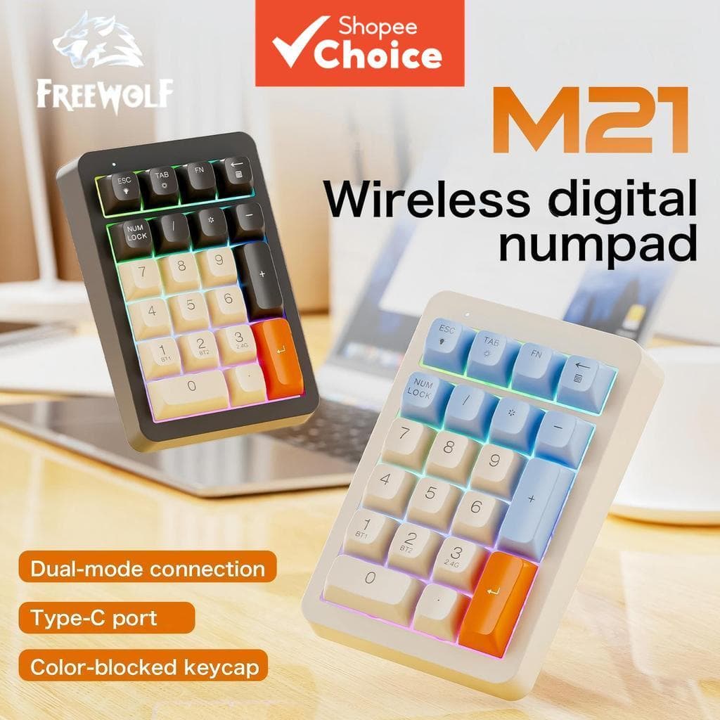 Freewolf M21 Teclado Numérico Sem Fio de 21 Teclas Modo Duplo Bluetooth 5.0 2,4G RGB Recarregável