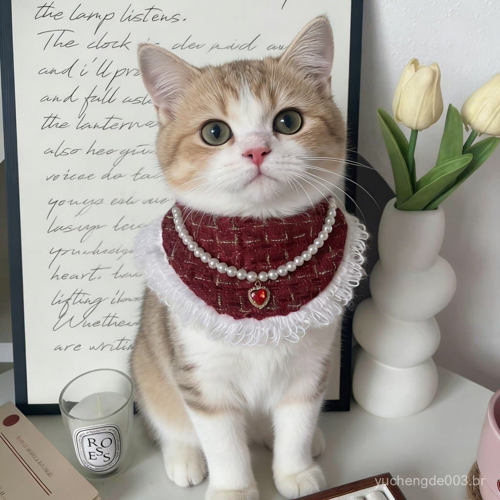 Coleira de pérolas para gatos e cães, toalha de babador com franjas em formato de coração e design atraente para cães pe