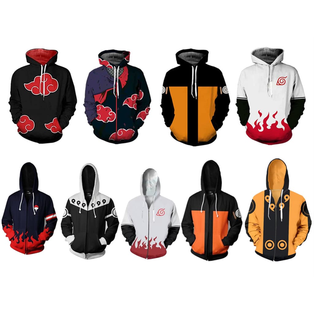 Jaqueta de cosplay do Naruto Akatsuki impressa em 3D com zíper, mercadoria de anime.