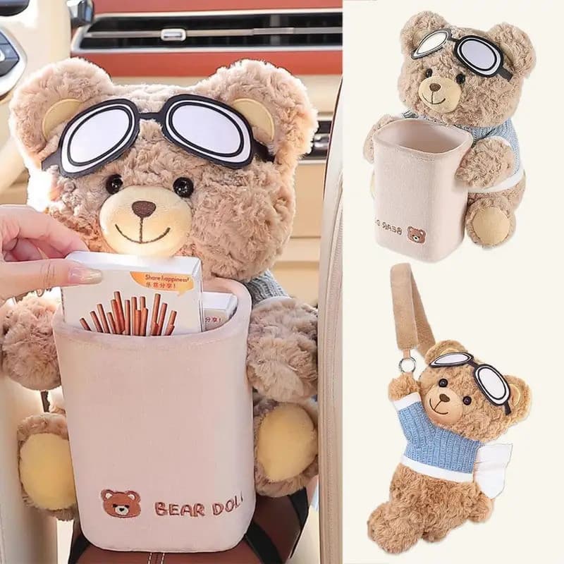Caixa de Lenços para Carro, Lixeira 2 em 1, Urso com Óculos, Armazenamento para Apoio de Braço, Decoração Interna Fofa