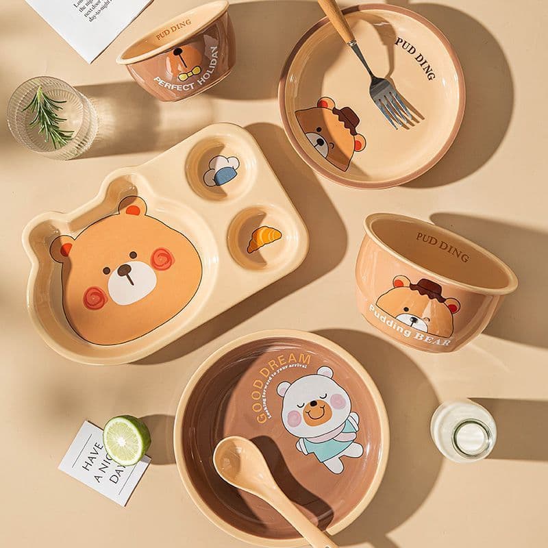 Conjunto De Pratos De Café Da Manhã Infantil De Desenho Animado-Prato Profundo Dividido Em Cerâmica , Bandeja De Refeiçã