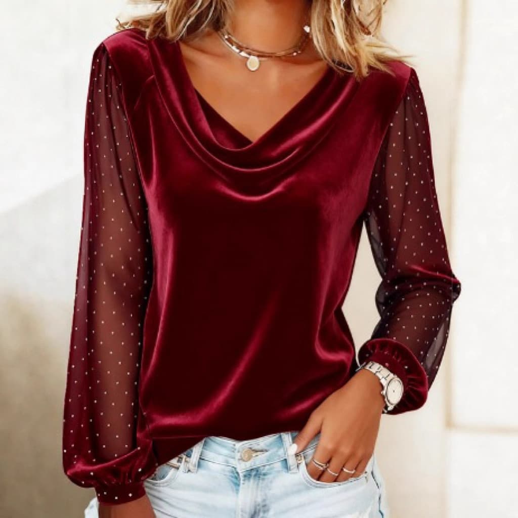 Nova camiseta feminina de cor sólida com decote em V, malha e strass, de manga longa.