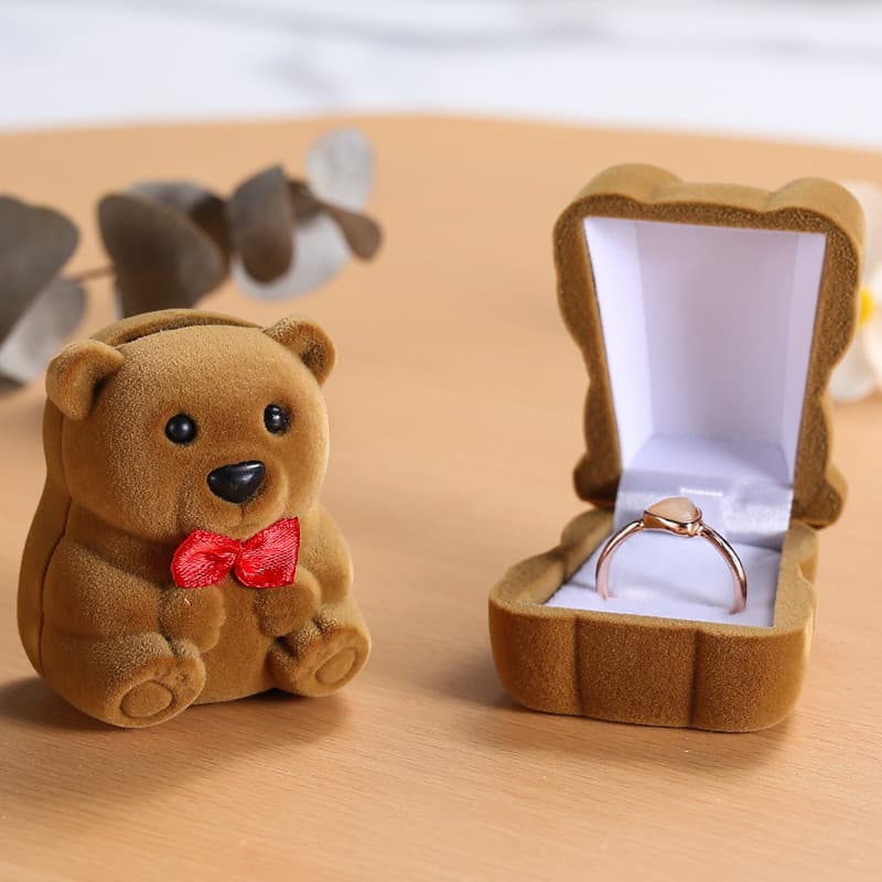 Caixa de anel cerimônia de casamento proposta caixa de anel de diamante rosa urso flanela caixa de anel caixa de brinco