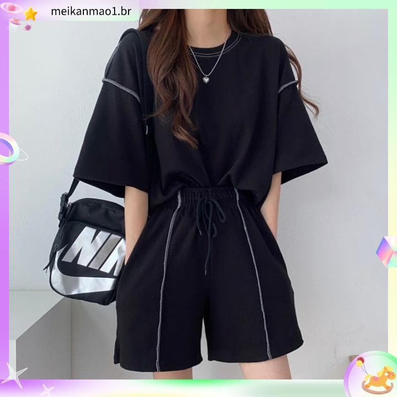 1746 vezes recompra Shorts de manga curta feminino preto terno de duas peças 2021 novo estilo verão moda Casual terno es