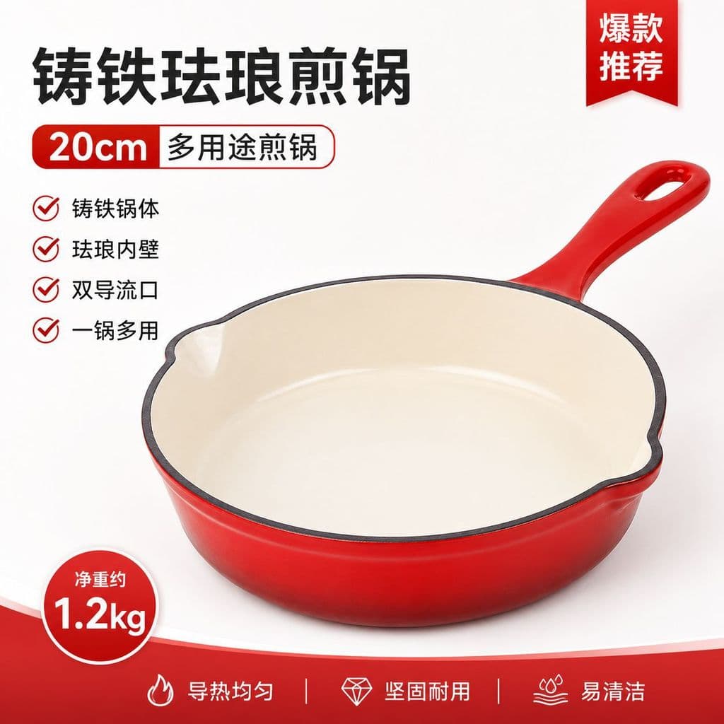 Frigideira antiaderente de ferro fundido esmaltado, frigideira de ferro sem revestimento, frigideira de 20 cm de peça ún