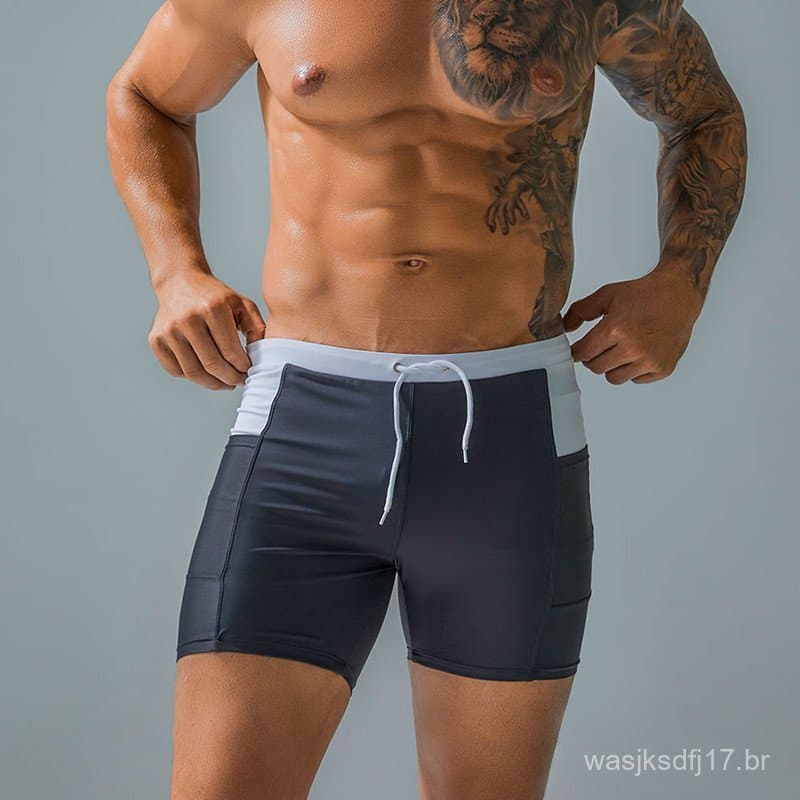 Calções de banho elásticos masculinos cor sólida dupla face bolso Boxer verão moda magro confortável gravata macia calça
