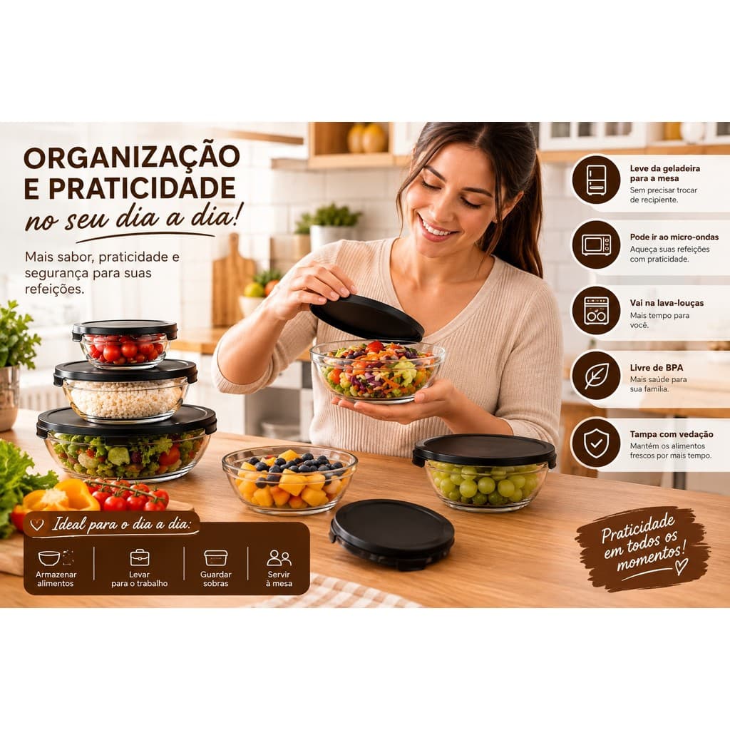 Kit 5 Potes de Vidro Hermético com Tampa Redondo Empilhável para Cozinha Alimentos