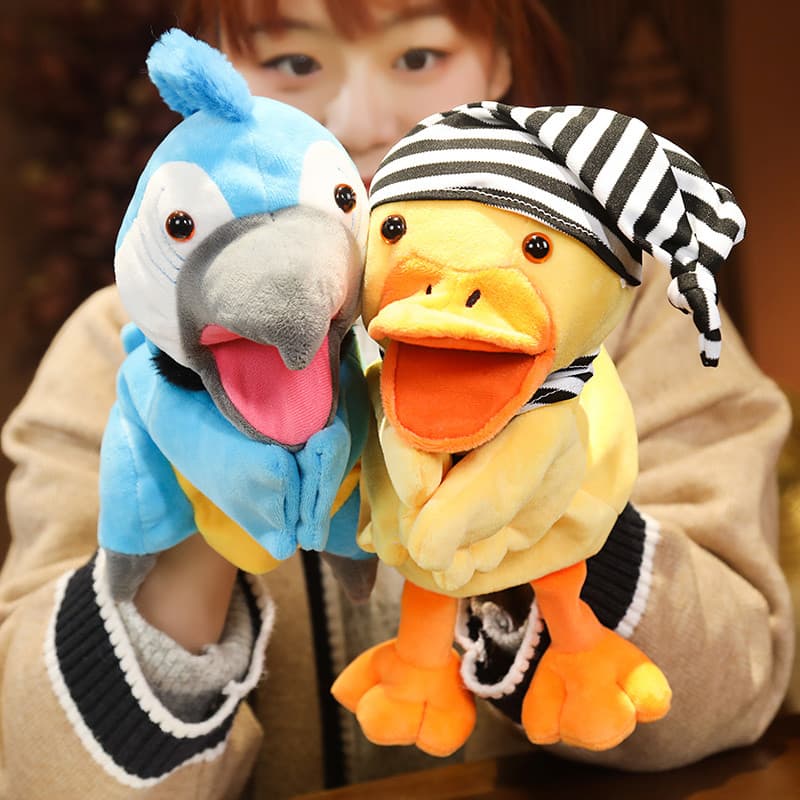 Bonito pequeno pato amarelo mão fantoche brinquedo de pelúcia Animal papagaio móvel luvas de contar histórias crianças b