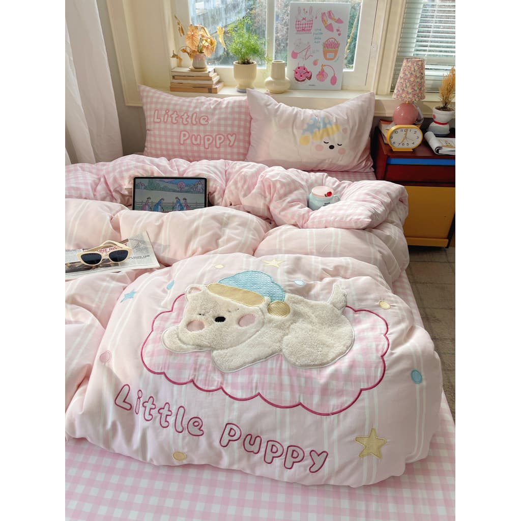 Ins conjunto de quatro peças de cama de algodão com coração de menina, desenho animado, algodão puro, remendo fofo, bord