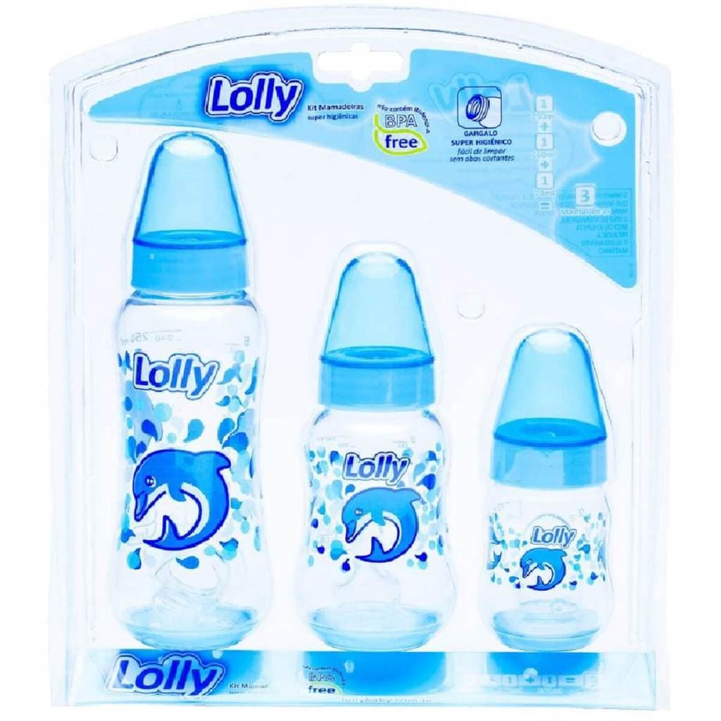 Kit 3 Mamadeiras Infantil Bebê 250ml 160ml 70ml Bico Achatado Azul Lolly Bico Silicone Macio E Flexível Com Tampa