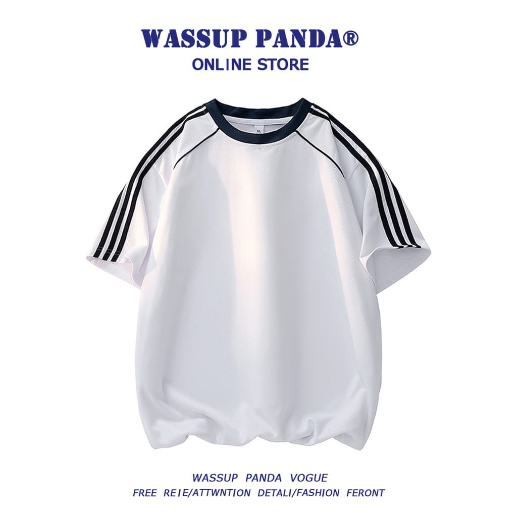 WASSUP PANDA Ice Silk Mesh Sports Camiseta de manga curta masculina verão estilo fino contraste cor listrada meia manga