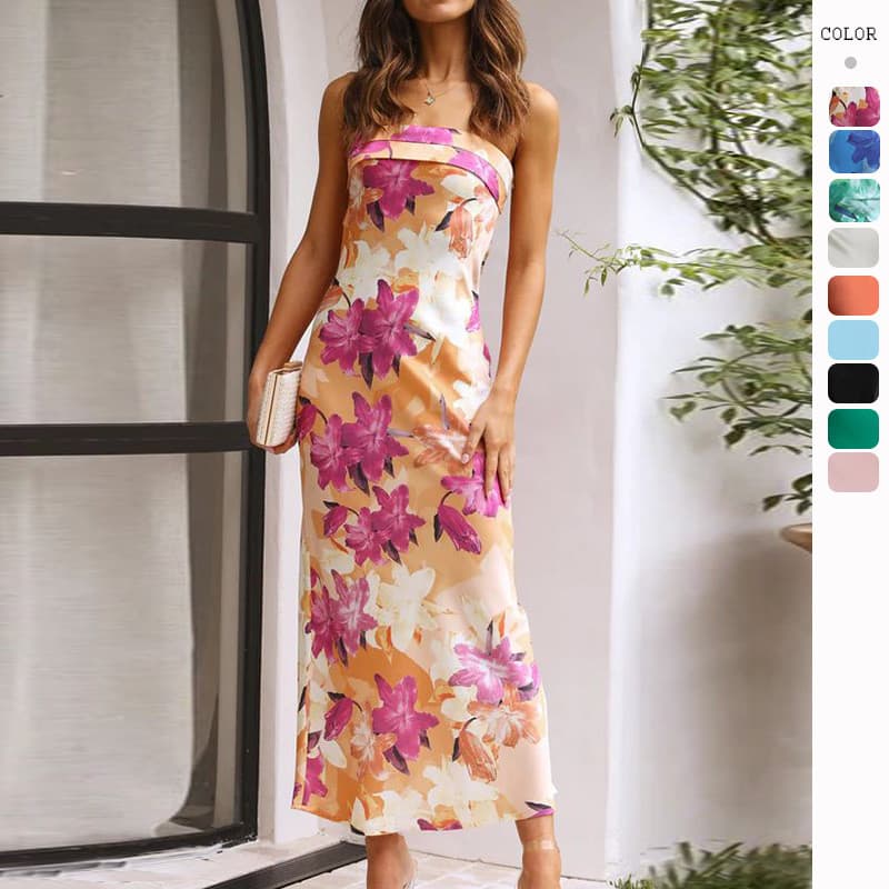 Cross-Border 2026 primavera verão novo estilo elegante celebridade cetim Halter tubo vestido superior estampado