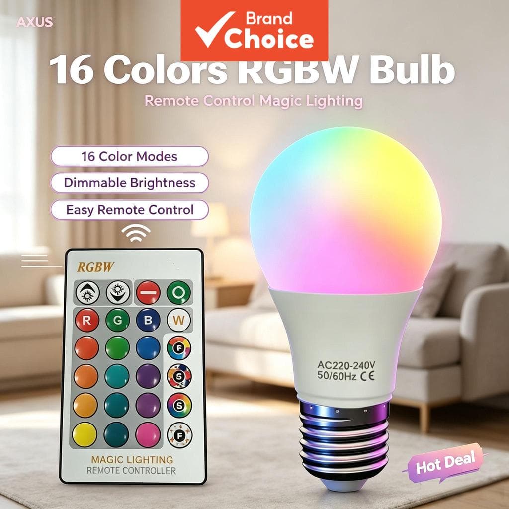 Lâmpada RGB Multicolorida AXUS E27 220V - 16 Cores, Regulável, Controle Remoto 24 Teclas, Lâmpada Inteligente para
