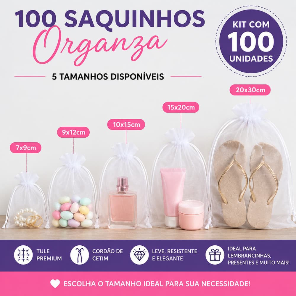 Kit 100 Saquinhos de Organza Branco Tule Saco Embalagem Lembrancinha Presente Doces Joias 7x9 9x12 10x15 15x20 20x30cm