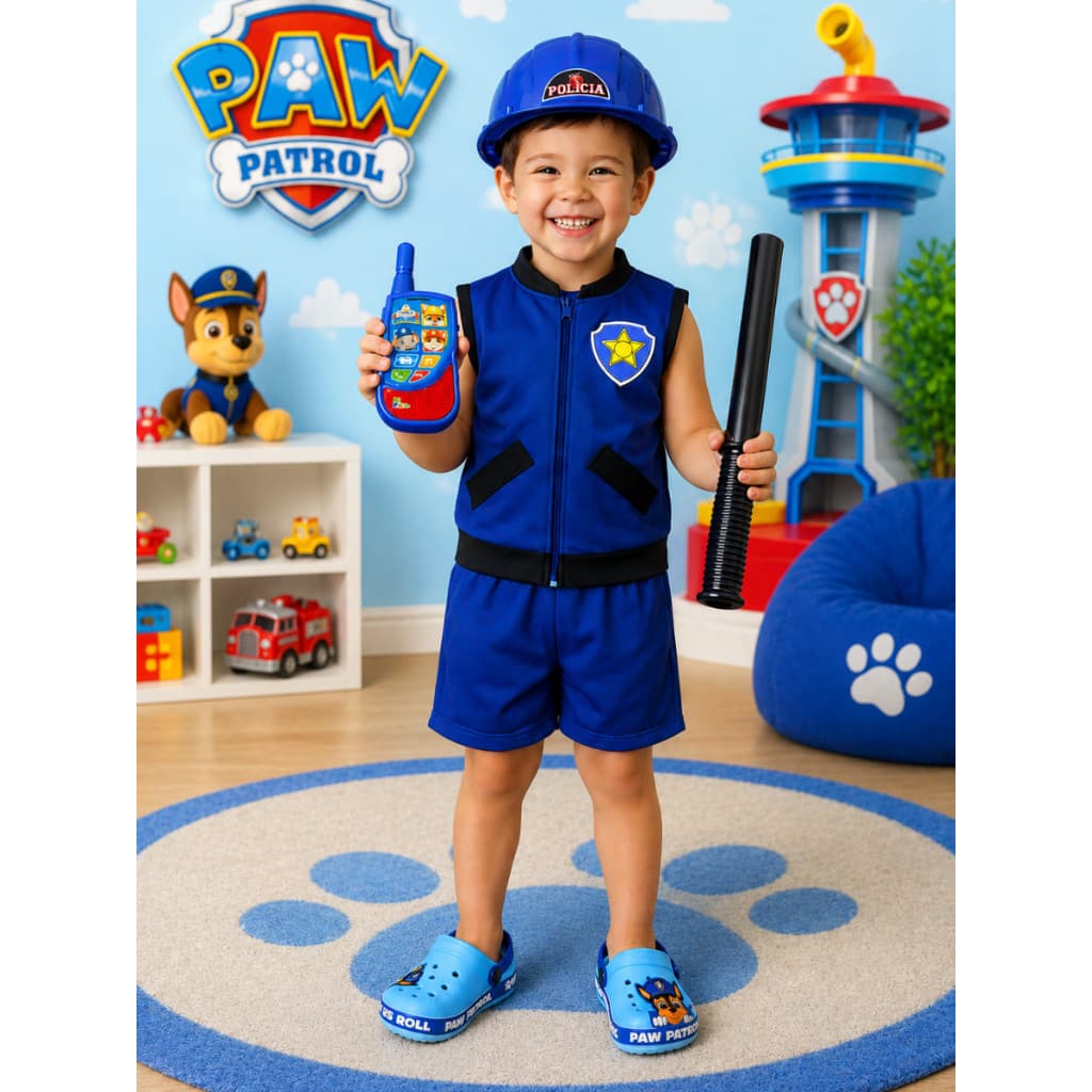 Kit Fantasia Infantil Chase + Sapato + Brinquedos Patrulha Canina Roupa Conjunto Sandália Leve e Confortável Diversão