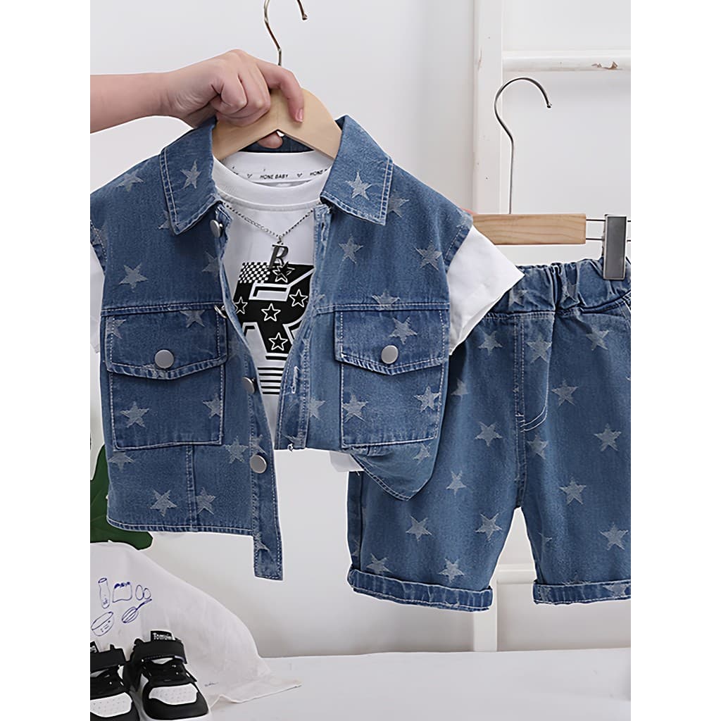 Menino de um ano de idade verão manga curta Denim terno bonito legal estilo ocidental bebê verão terno de três peças beb