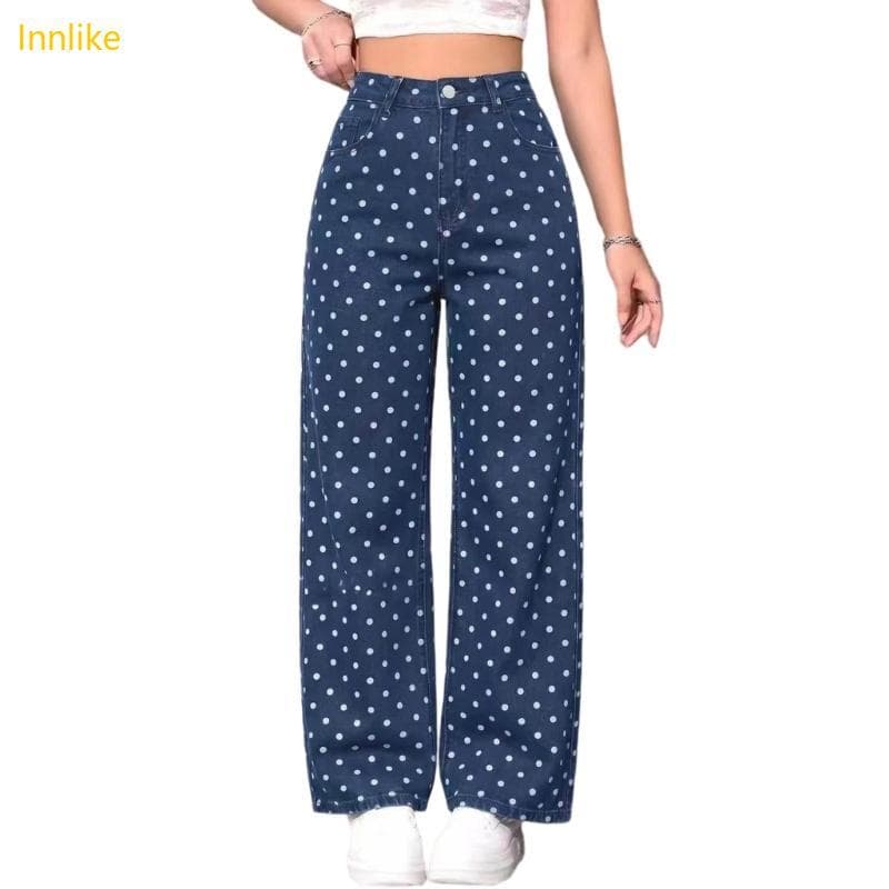 Innlike Calça Feminina Estampa Bolinhas, Casual, Perna Larga, Cintura Média,, Namorado,