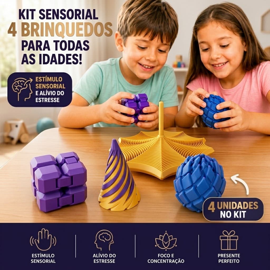 Kit Brinquedo Sensorial 4 Peças Anti Estresse Fidget Toy TDAH Autismo TEA Ansiedade Infantil PRESENTE DIA DAS CRIANÇAS