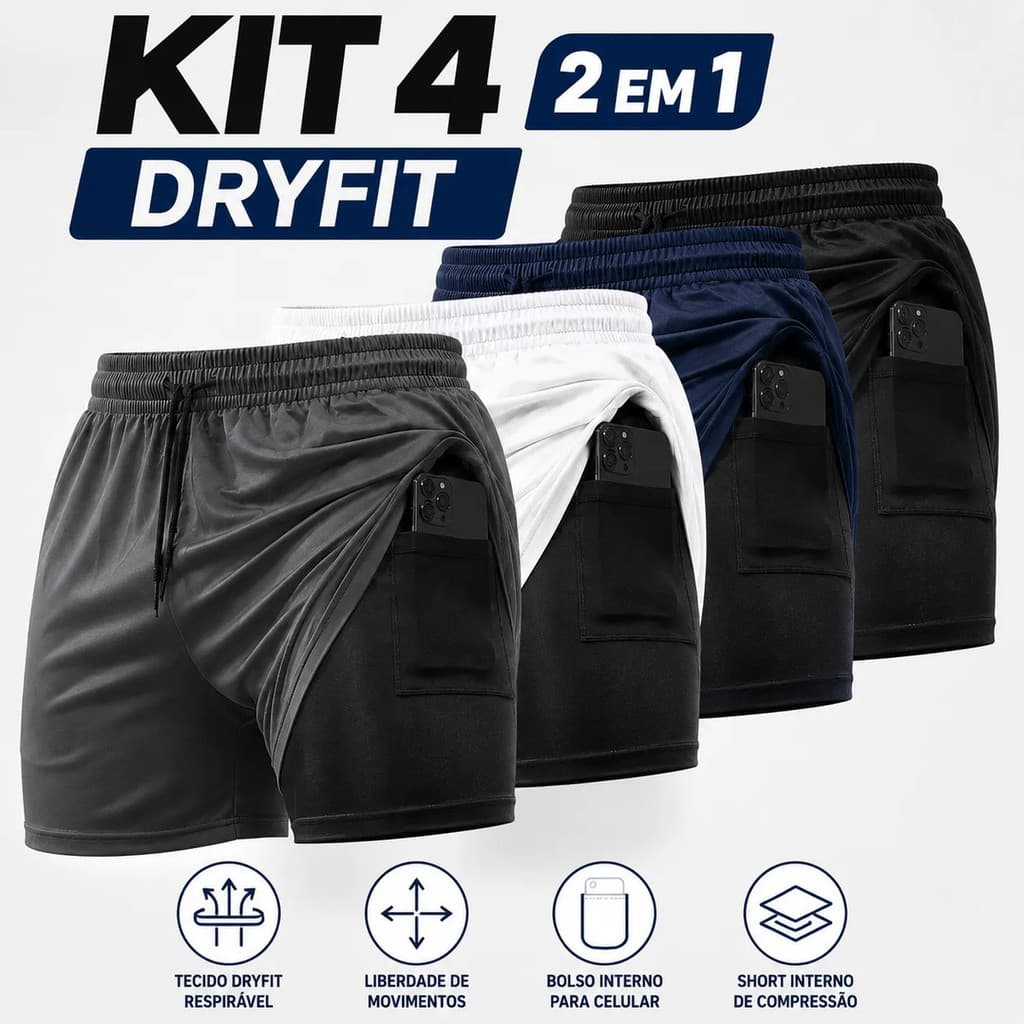 Kit 4 Shorts Academia 2 Em 1 Dry Fit Esportiva Compressão