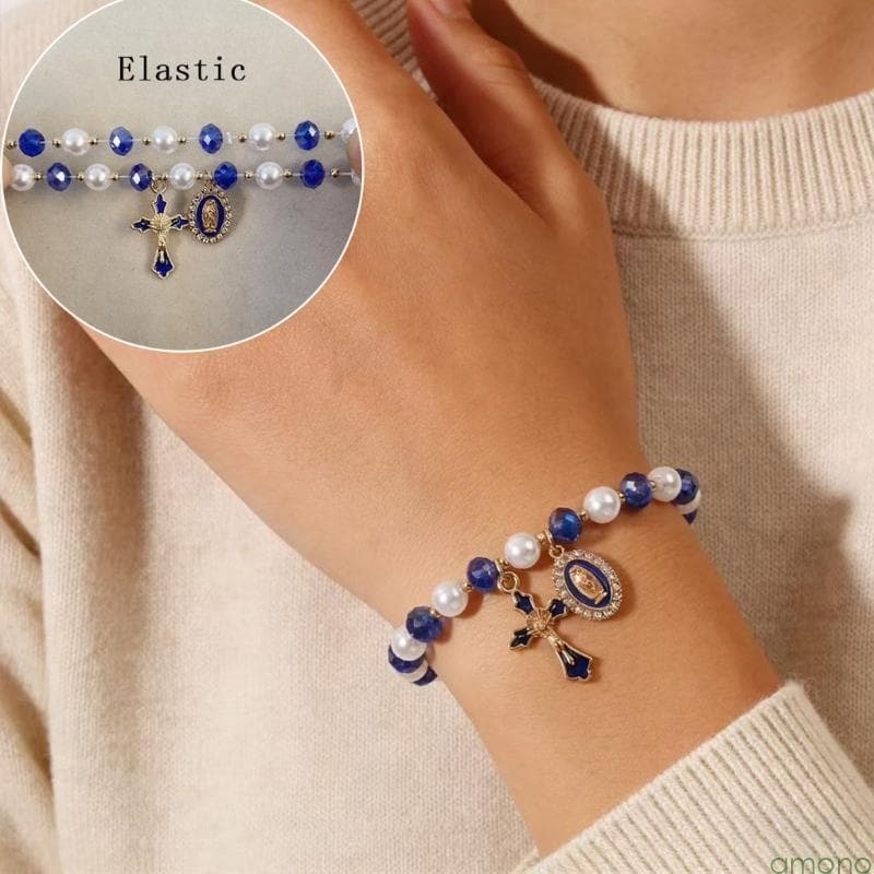 Amon Elegante Pulseira Pingente Crucifixo Contas Stretch Design Fé Espiritual