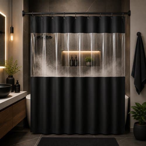Cortina de Box visor transparente preta Vida Pratika 1,38m x 1,98m ganchos