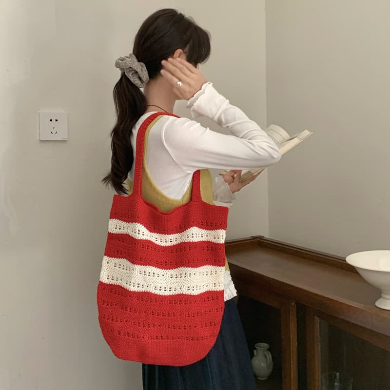 Japonês coreano ins listras contraste cor tecido saco feminino 2025 novo estilo preguiçoso artesanal crochê saco de ombr