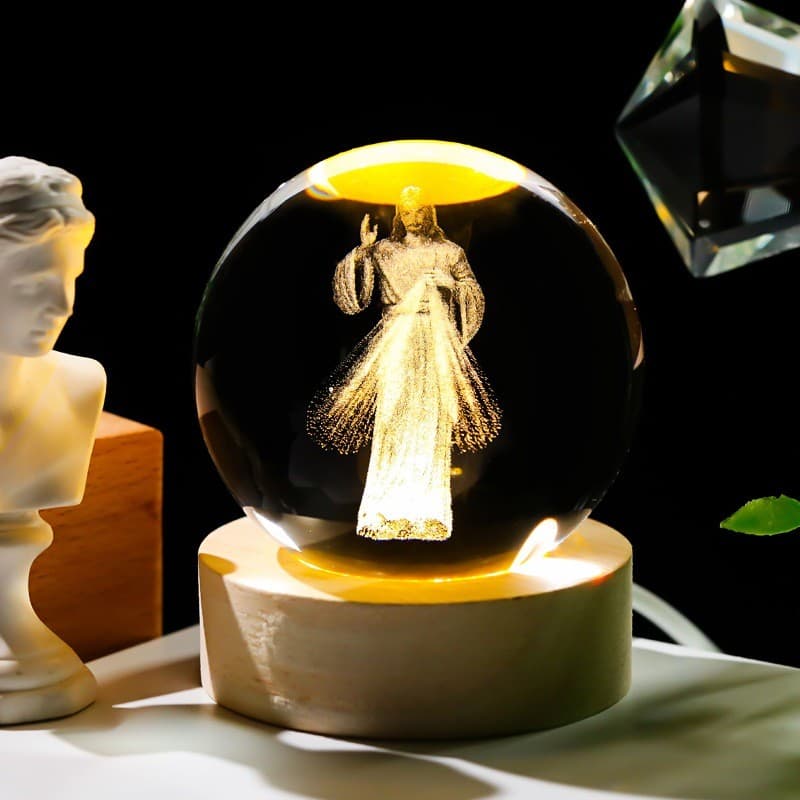 7 cm Luminária Abajur Mesa Bola de Cristal Jesus Misericordioso Luz LED 3D Decorativa Esfera Bivolt Vidro