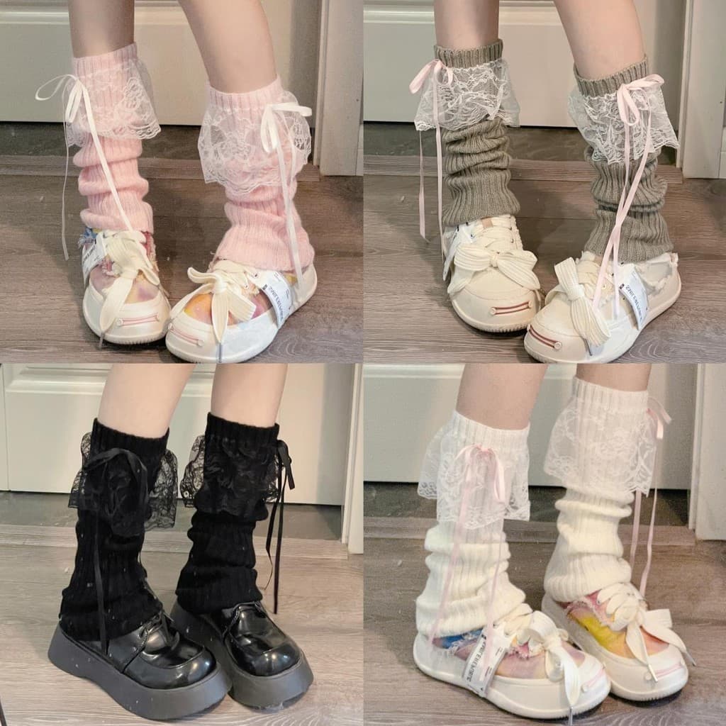 Meias de Perna Y2K com Laço e Renda para Meninas Estilo JK Lolita Japonês, Acessórios Aquecedores