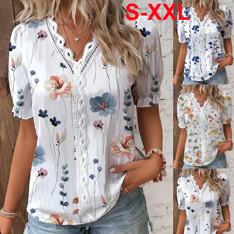 Blusa Elegante Estampada de Manga Curta 2023 Camisa de Verão Feminina Decote em V com Painel de Renda S-XXL KMZU