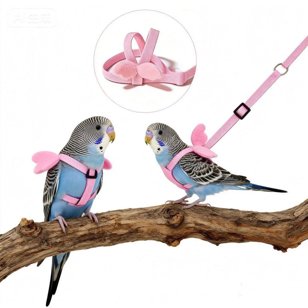 Arnês ajustável para papagaio com decoração de asas e guia anti-mordida para periquito, agapornis e calopsita.