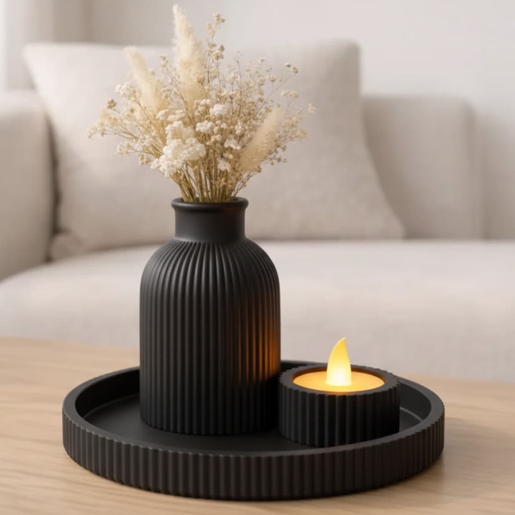 Bandeja Decorativa Canelada com Vaso Moderno e Vela LED
