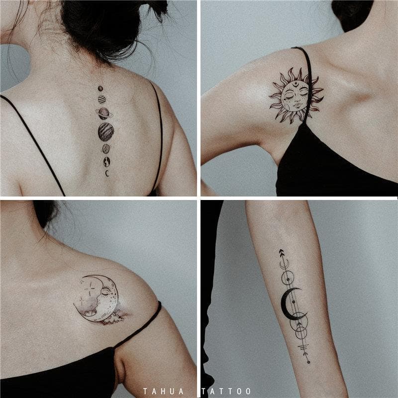 Planeta ins estilo simples pequeno fresco lua tatuagem adesivos braço preto branco sol lua estrelas de longa duração fem
