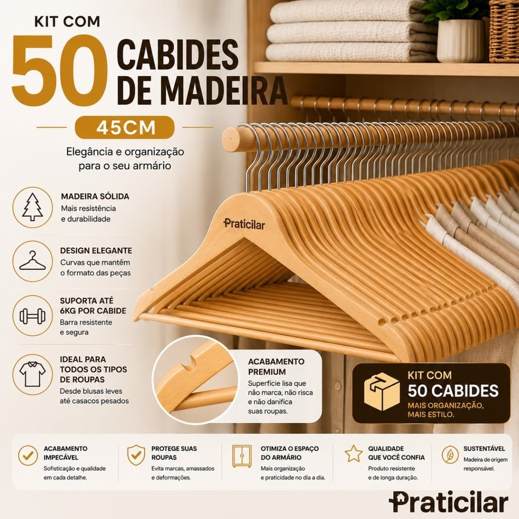 Kit com 50 Cabides de Madeira Para Armário Organização de Roupas Loja Quarto