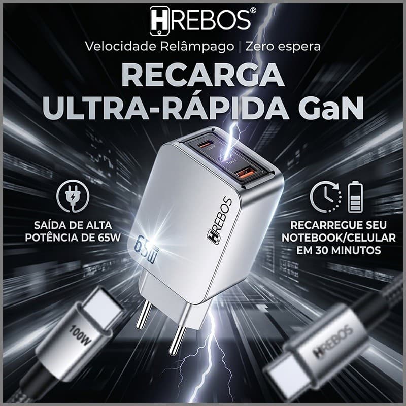 HREBOS Kit de carregador rápido de 65W 2portas USB-C+1porta USB-A, compatível com uma ampla variedade de dispositivos.