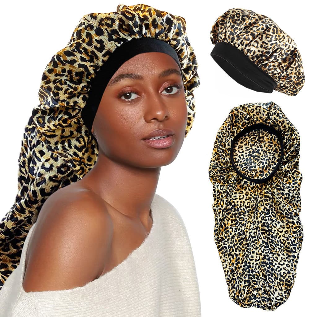 Touca de noite com estampa de leopardo, touca de noite sedosa, tubo longo de grandes dimensões, boné para cuidados com o