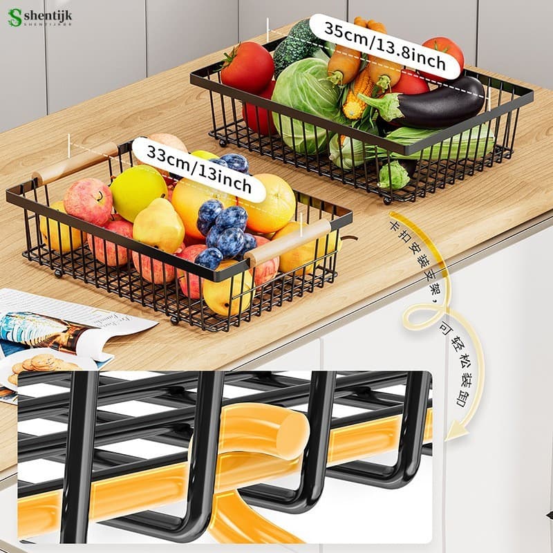 Cesta De Frutas De Camada Dupla Com Alça De Madeira-Armazenamento Portátil De Cozinha Para Lanches De Vegetais